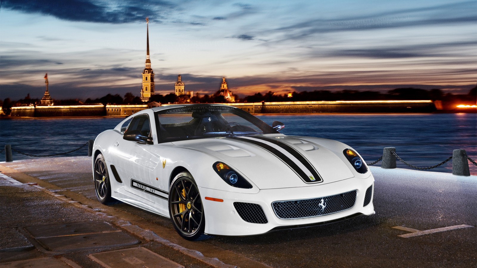 A white sports car parked on the side of a road next to a body of water (sports car, ferrari 250 gto, ferrari 458, supercar, ferrari 288 gto)