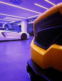 Exhibición vibrante de supercoches Lamborghini en una exhibición de iluminación automotriz