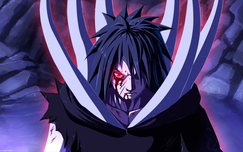 Крупный план человека с мечом в пещере (мадара учиха, madara uchiha, обито учиха, obito uchiha, саске учиха)