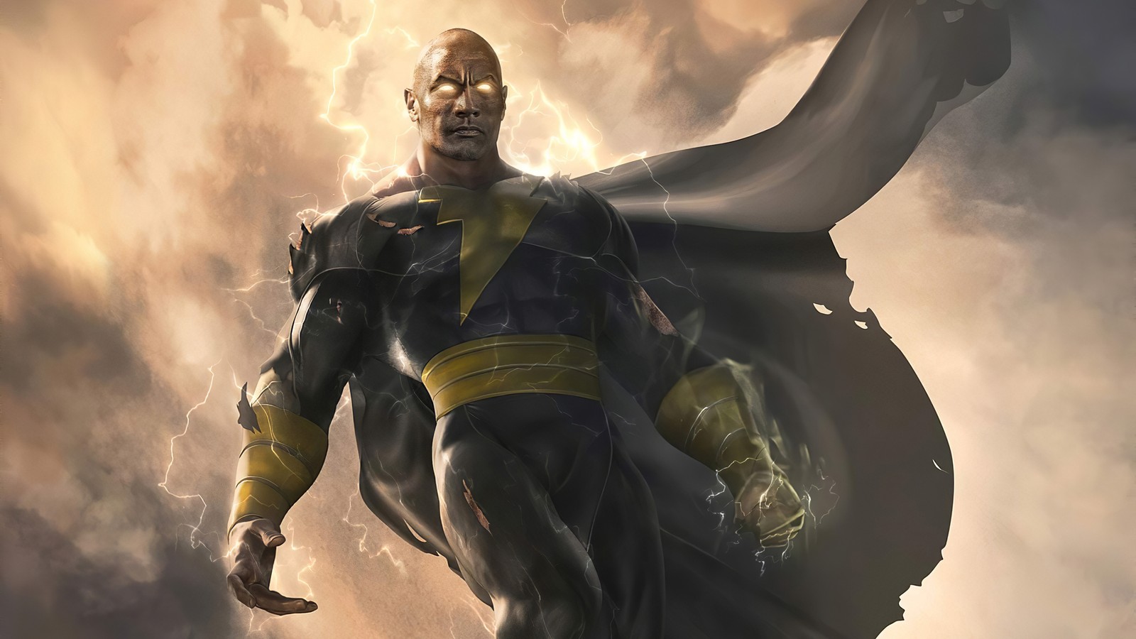 Un primer plano de un hombre con una capa en un día nublado (black adam 2022, película, cartel)