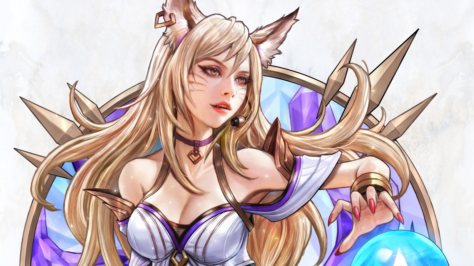 Женщина в платье держит синий шар в руке (ахри, ahri, kda, lol, league of legends)