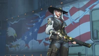 Agent Ashe from Overwatch with a sleek rifle and striking outfit against an American-themed backdrop.