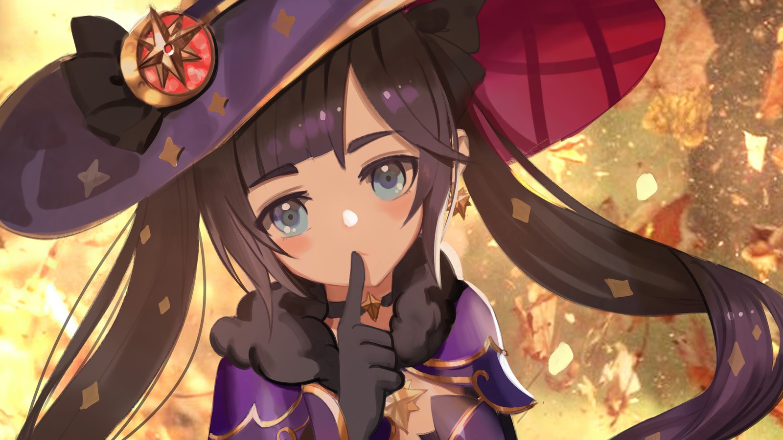 A close up of a person wearing a hat and gloves (mona, genshin impact, video game)