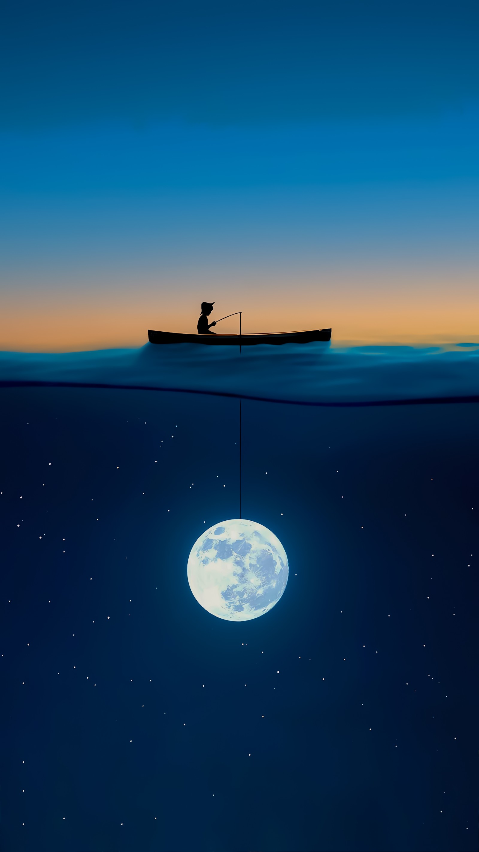 Il y a un homme dans un bateau flottant dans l'eau avec une pleine lune (atmosphère, lune, nature, azur, liquide)