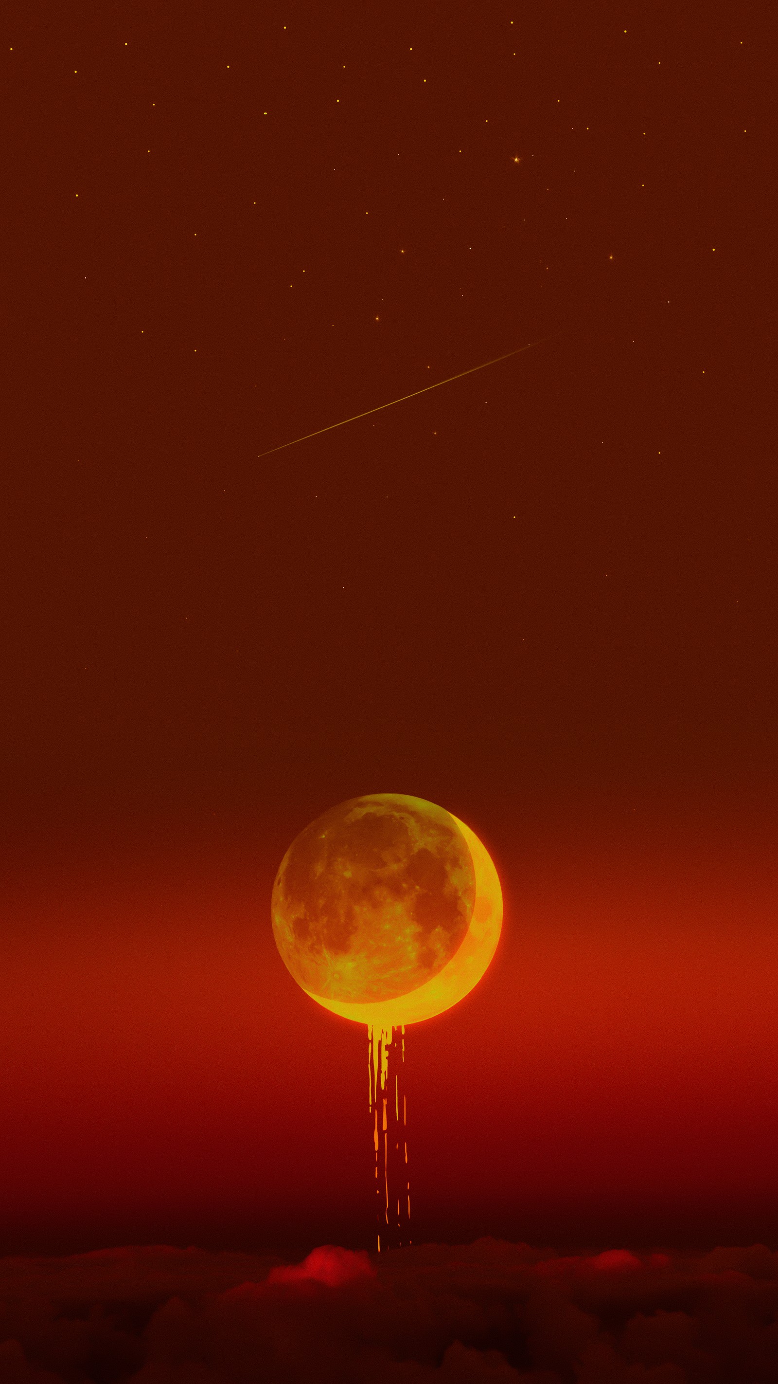 Zerstörtes bild eines vollmondes mit einem jetstreifen am himmel (atmosphäre, mond, orange, bernstein, beleuchtung)