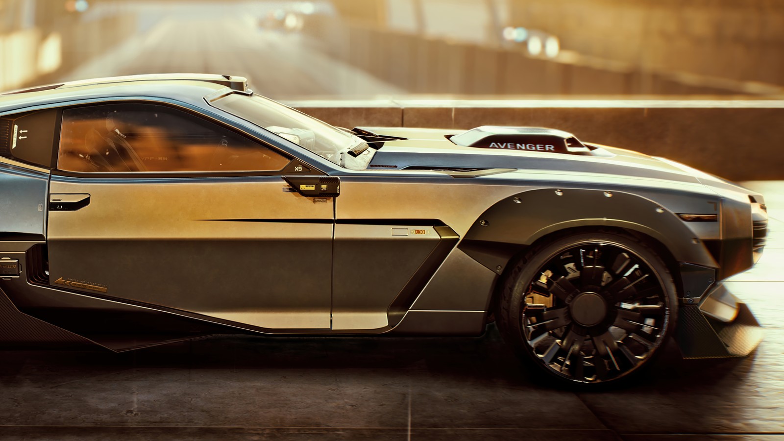 A close up of a silver sports car parked on a street (cyberpunk 2077, video game, sports car)