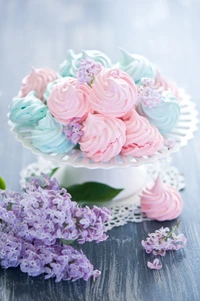 Bouquet de meringue pastel avec des fleurs de lilas