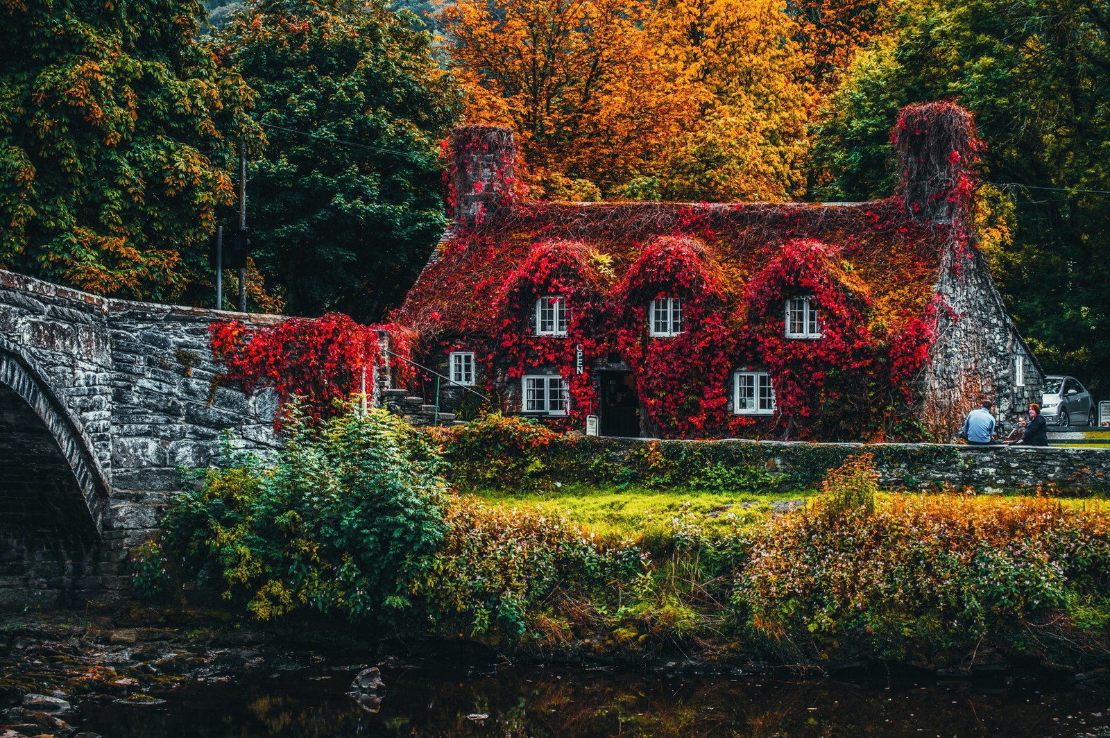 Lade house covered by trees, herbstbäume, brücke, schön, altes haus Hintergrund herunter