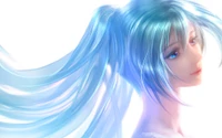 Hatsune Miku con cabello azul fluido y una expresión suave, irradiando un resplandor etéreo.