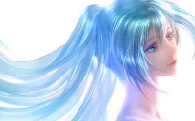 Hatsune Miku com cabelo azul fluindo e uma expressão suave, irradiando um brilho etéreo.