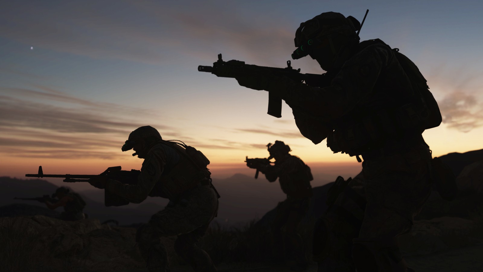 Des soldats en silhouette sur une montagne avec un fusil et un fusil (call of duty modern warfare, jeu vidéo, cod modern warfare, soldat, silhouette)