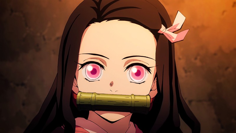 Аниме девочка с зеленой палочкой во рту (nezuko kamado, kimetsu no yaiba, убийца демонов кимэцу но яиба, demon slayer kimetsu no yaiba, аниме)