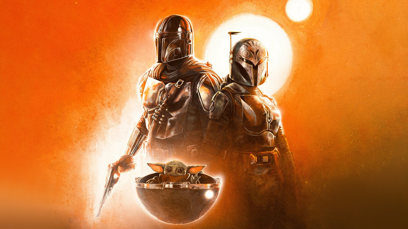 A couple of people in armor holding a bowl of food (the mandalorian, grogu, 2023 series, star wars, 5k)