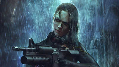 Futuristic Soldier in Cyberspace Rain