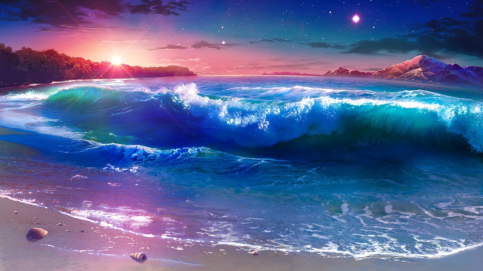 Uma pintura de uma bela cena do oceano com um pôr do sol e estrelas (praia, ondas, por do sol, cenário, anime)