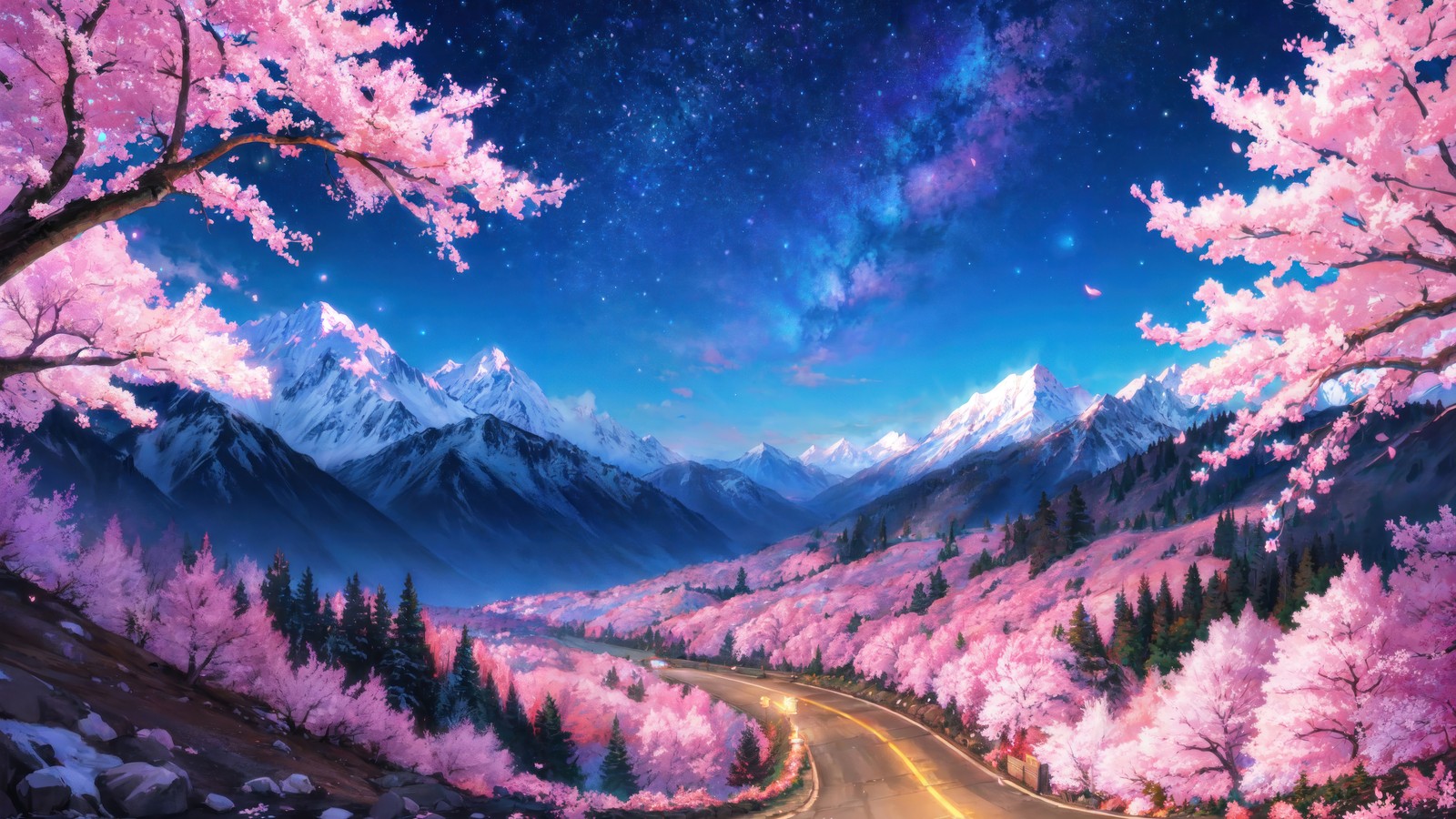 A road in the mountains with pink flowers and trees (cherry blossom, forest, snowy, mountain, scenery)