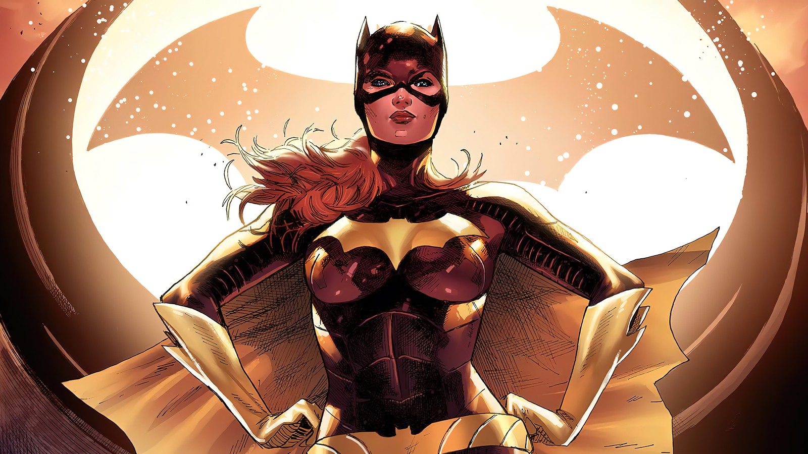 A woman in a bat costume standing in front of a circular light (batgirl, superhero, super hero, dc comics, comics)