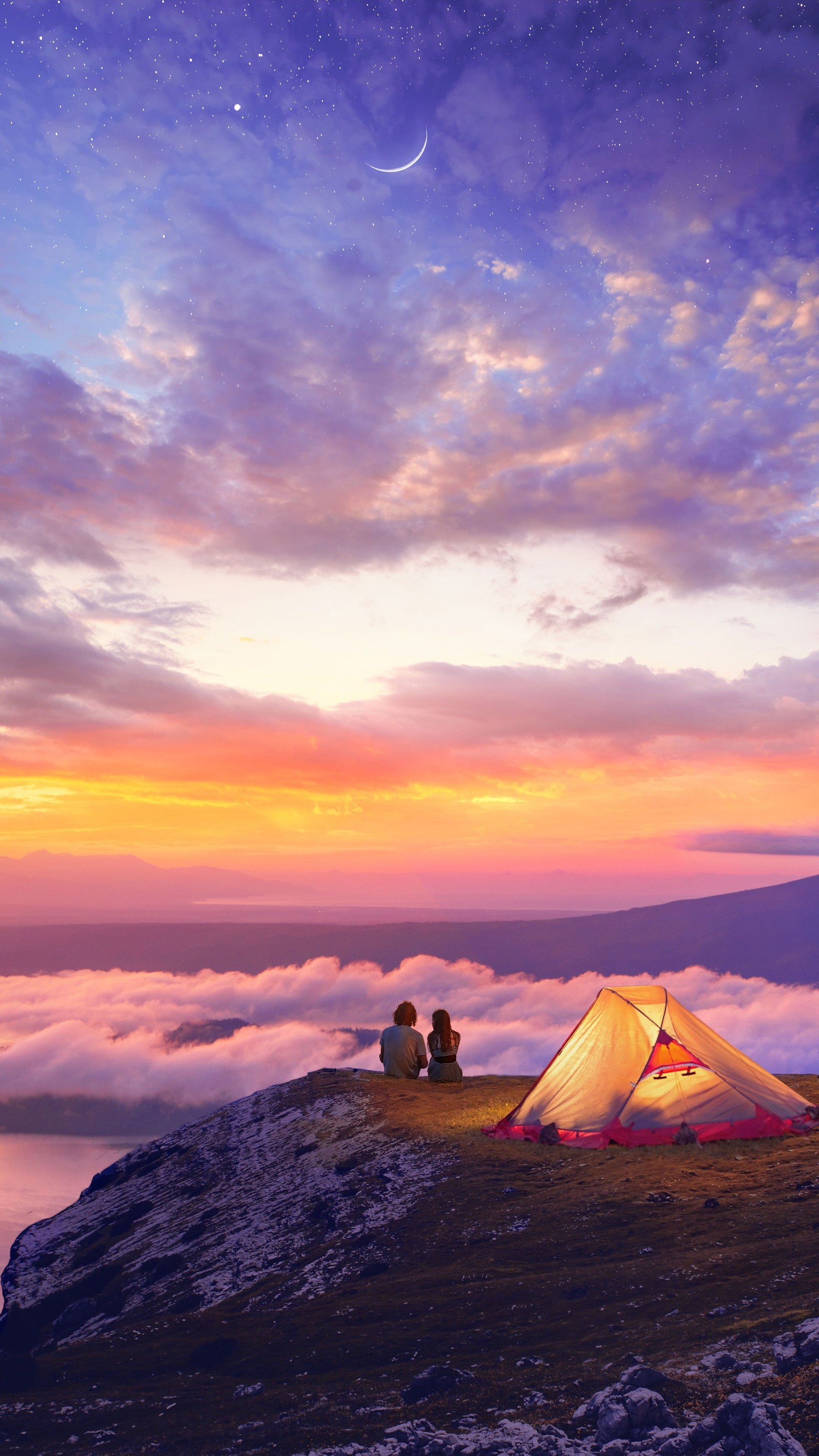 There are two people sitting on a mountain with a tent (art, cloud, atmosphere, tent, ecoregion)