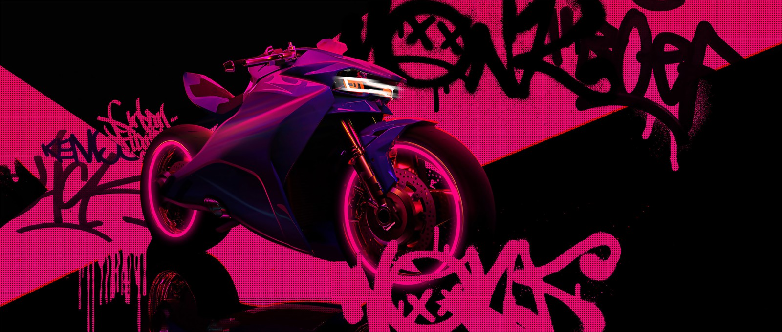 Lila motorrad mit graffiti darauf und rosa hintergrund (grafikdesign, ducati, rad, lila, schwarz)