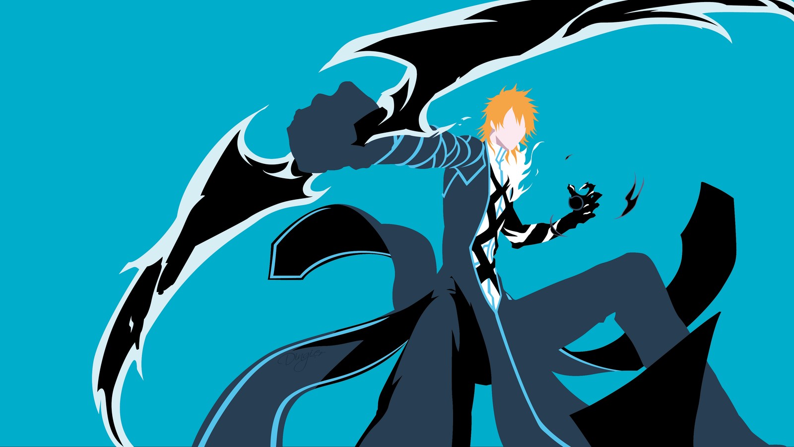 Un hombre con un abrigo largo sosteniendo una espada y un demonio (ichigo kurosaki, cosechador de almas, sin rostro, bleach, sencillo)