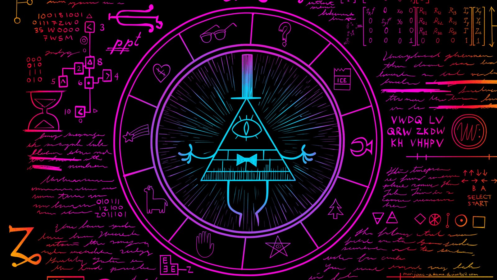 Un fondo negro con iluminación de neón y un triángulo. (galaxia, gravity falls, neón)