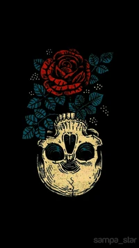 Skull Embraced by a Red Rose