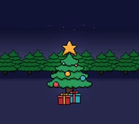 Árvore de Natal pixelada com enfeites coloridos e presentes embaixo