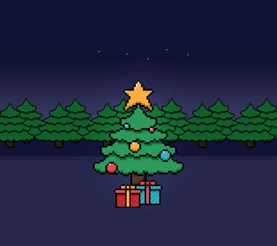 Árvore de Natal pixelada com enfeites coloridos e presentes embaixo