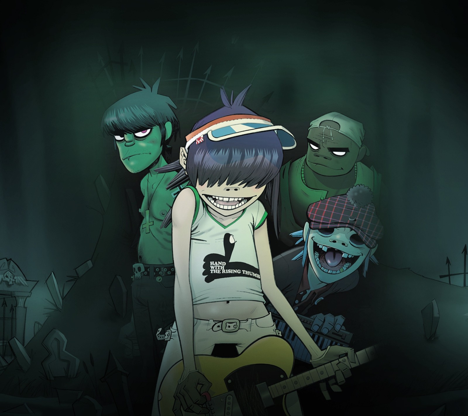 Personajes de anime en una habitación oscura con una guitarra y un zombi (2d, gorillaz, murdoc, fideos, russel)