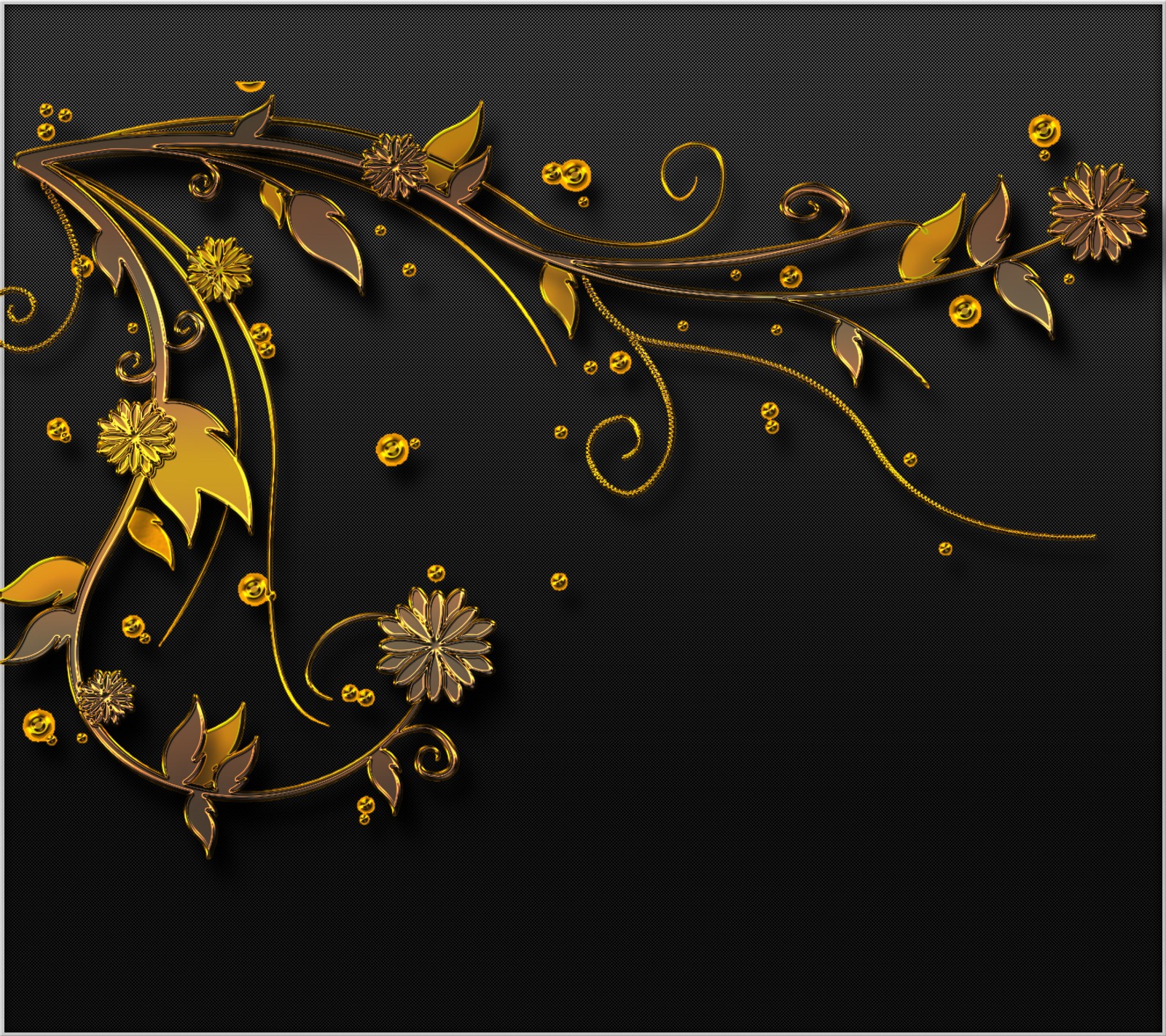 A close up of a gold and black background with flowers (abstract, art, black, design, digital)