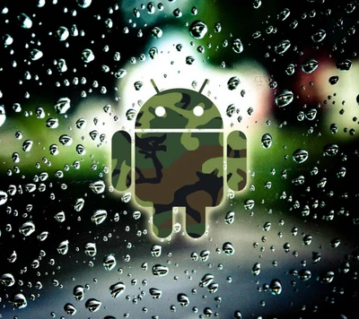 Cooles Android-Logo mit Regentropfen auf einem felsigen Hintergrund