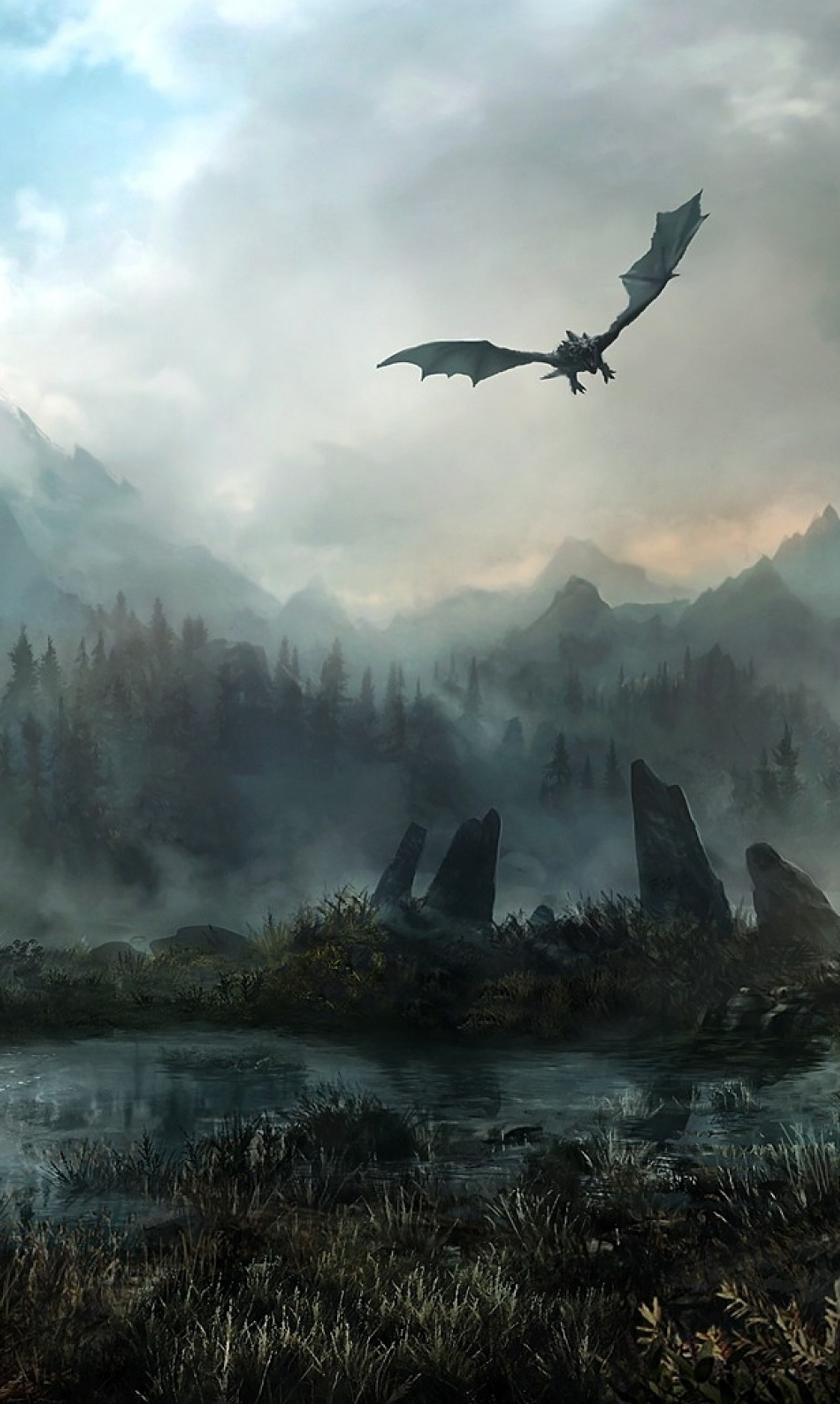 Un dragon volant au-dessus d'une montagne avec un lac (dragon, fantaisie, jeux, skyrim)