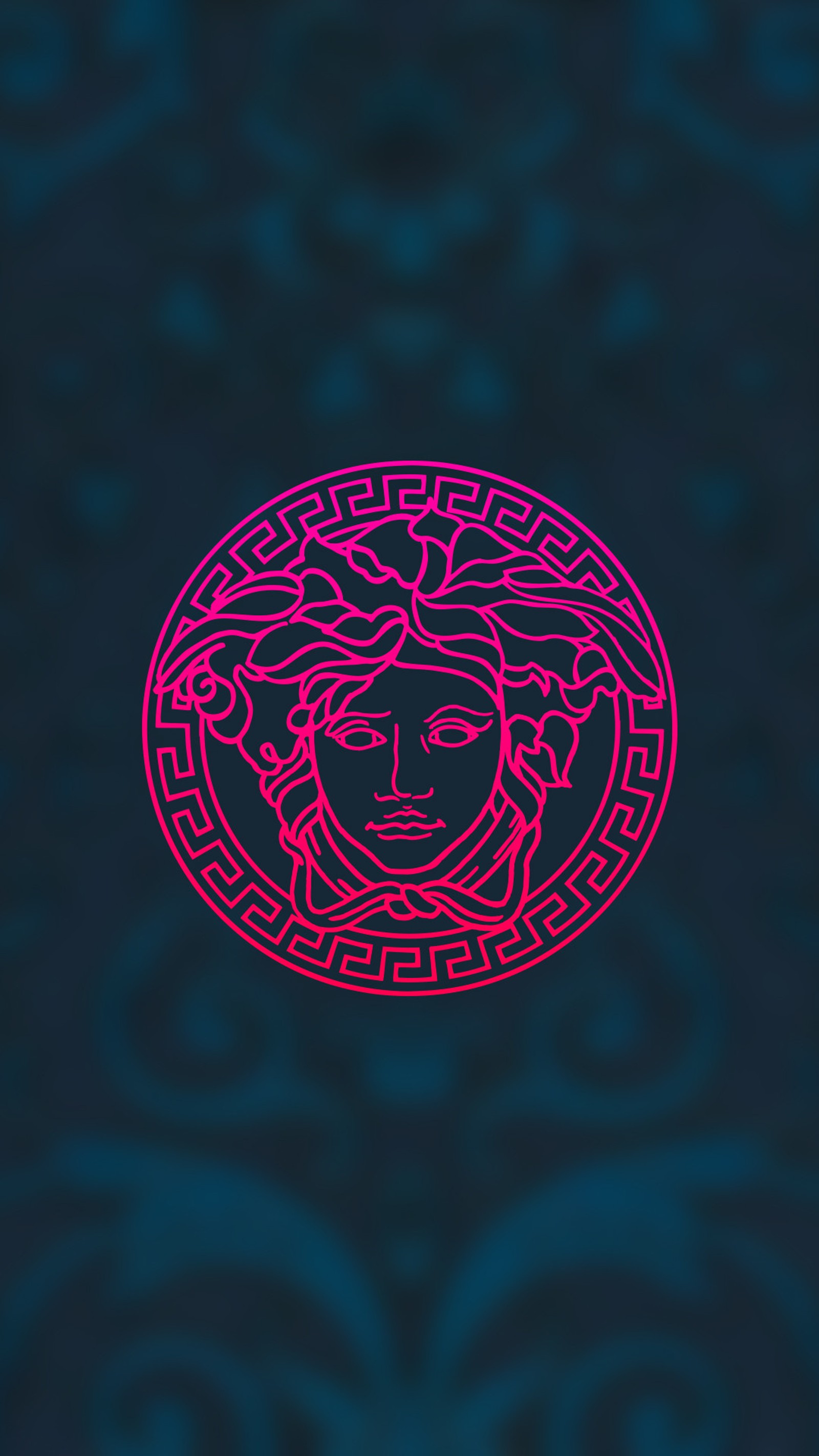 A close up of a pink and blue logo on a black background (background, designer, versace)