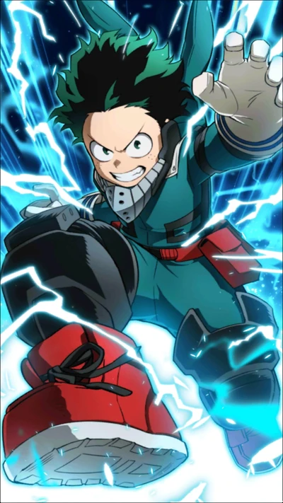 Izuku Midoriya liberando seu poder em uma pose de ação eletrizante.