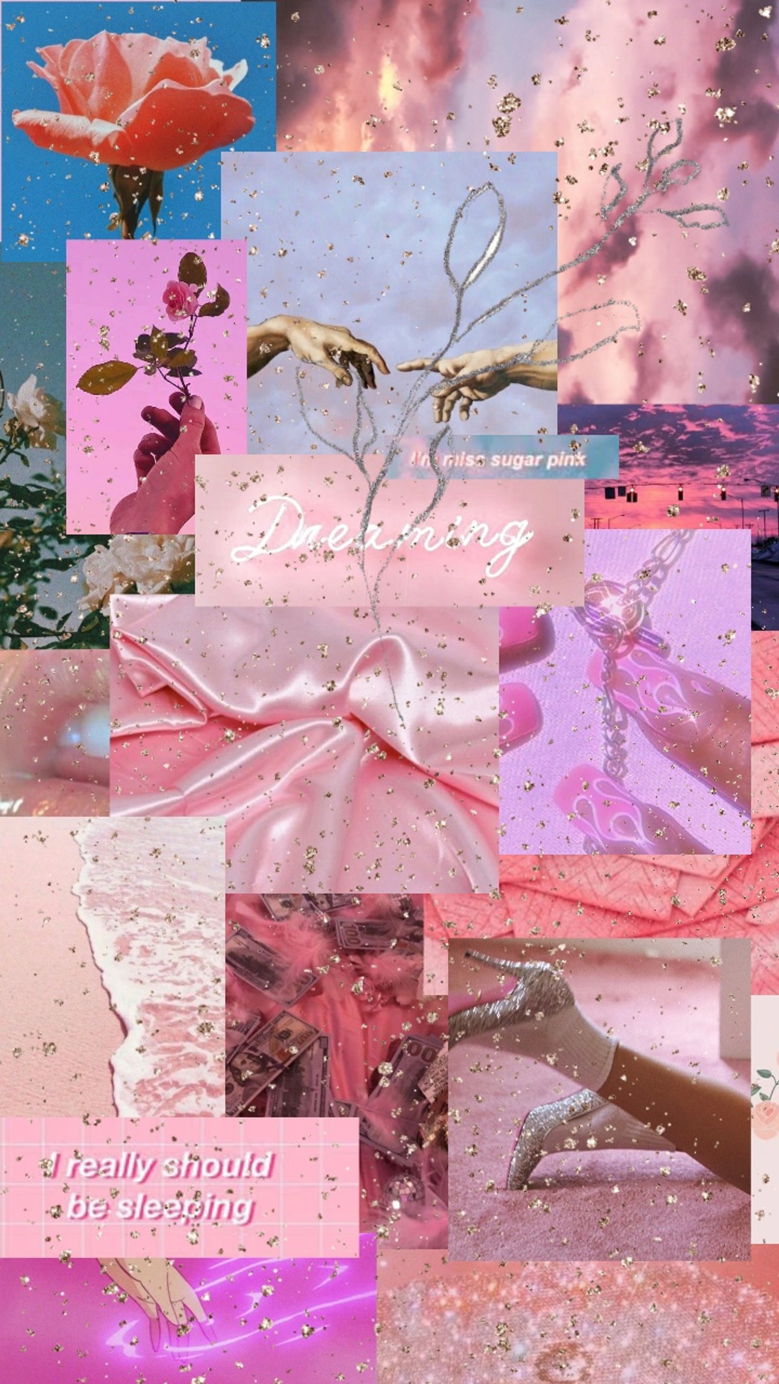 A close up of a collage of pink and purple images (aesthetic, cute, flower, love, pink)