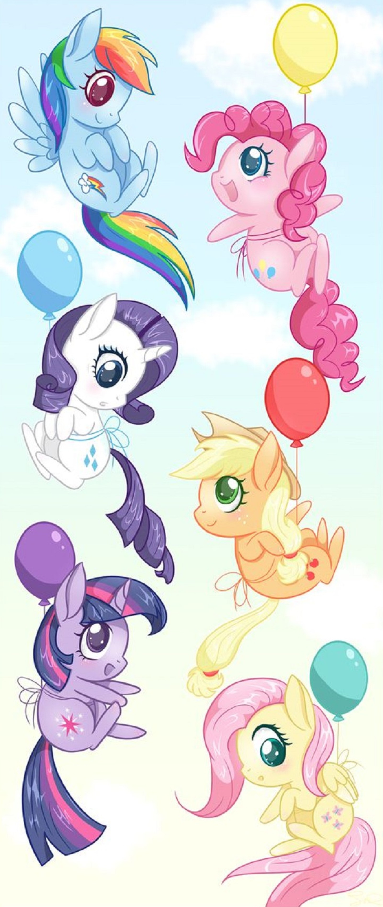 Eine gruppe von cartoon-ponys, die mit luftballons durch die luft fliegen (tier, pony)