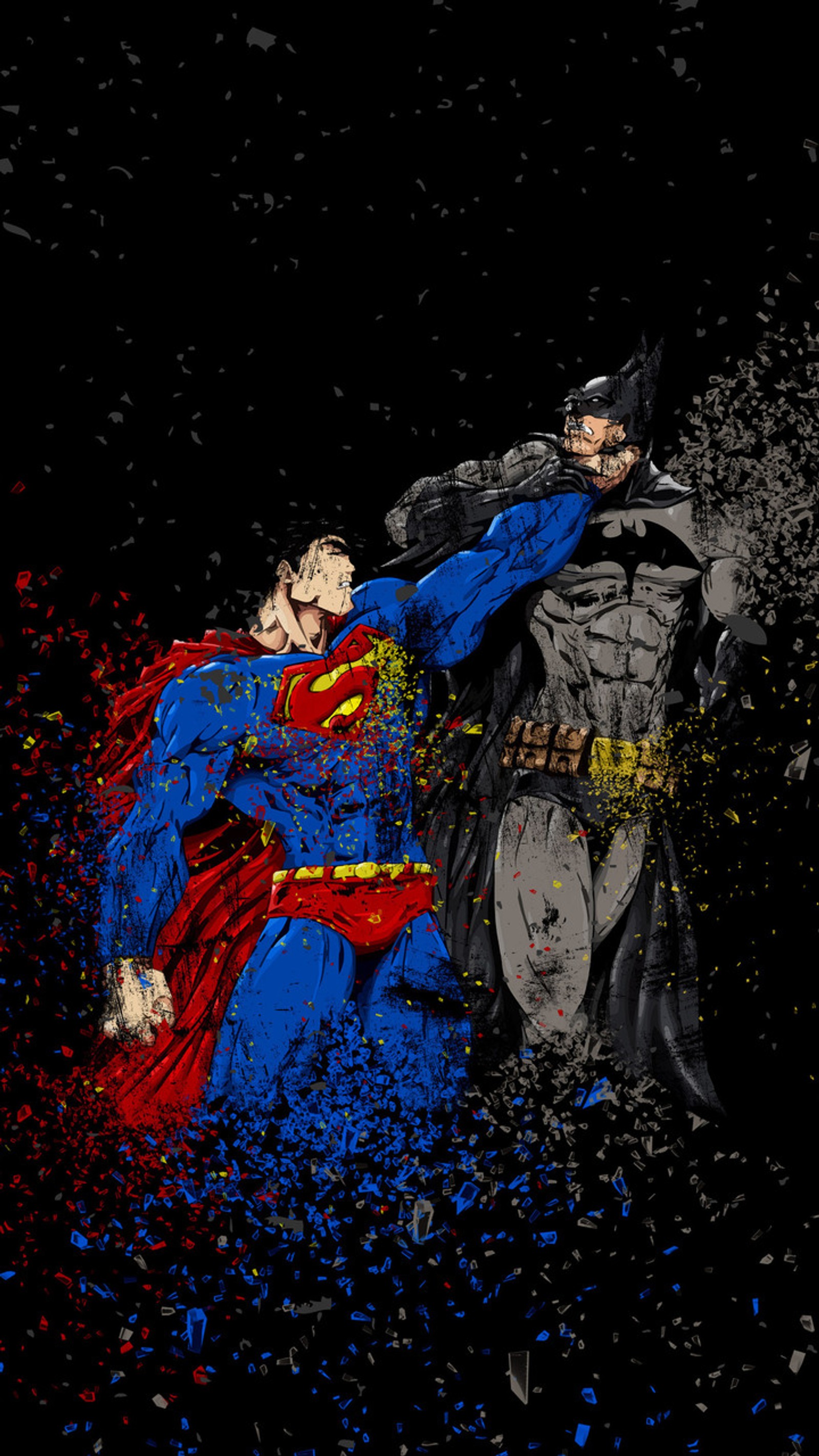 Batman and superman are fighting in a splattered room (batman, heroes, superman)