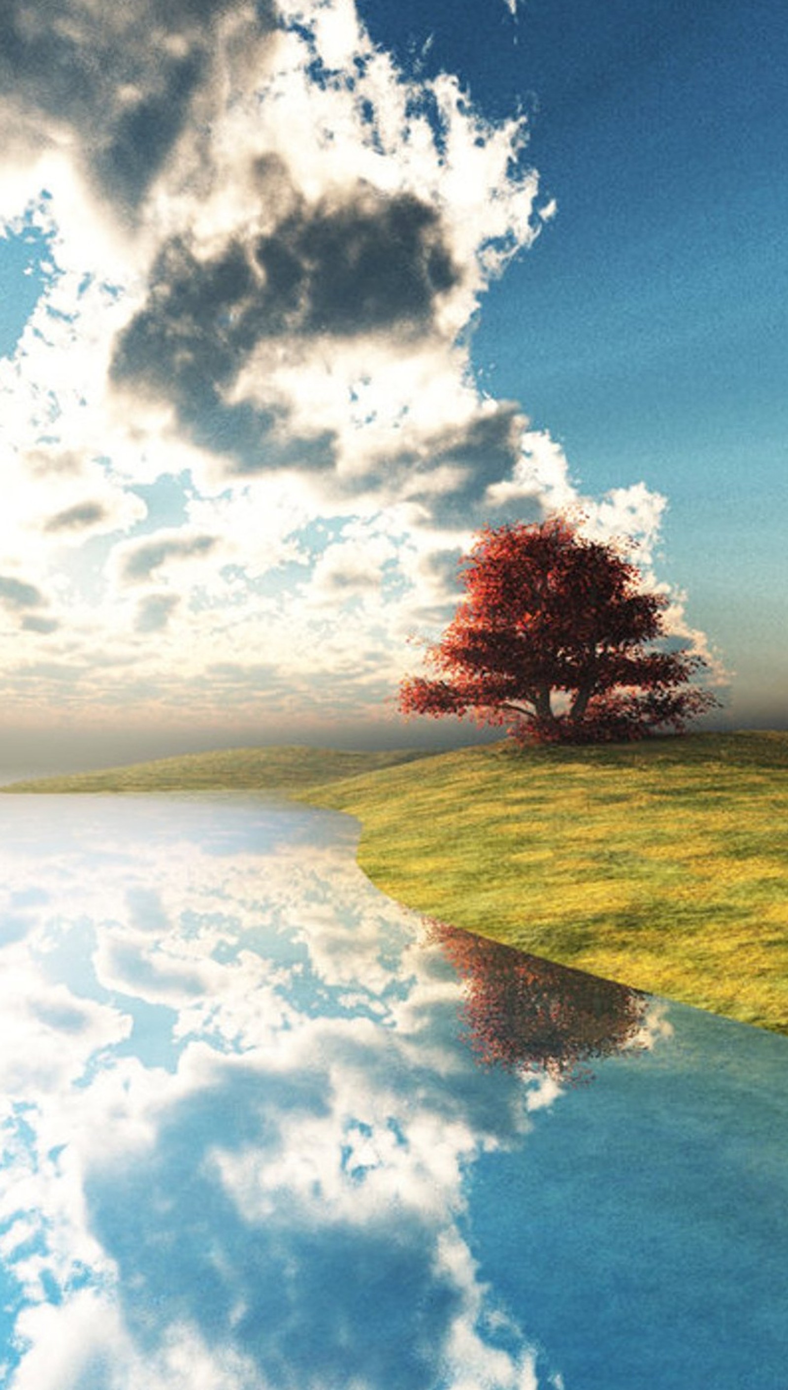 Arafed tree on a grassy hill with a lake in the foreground (nature, sky, spring)