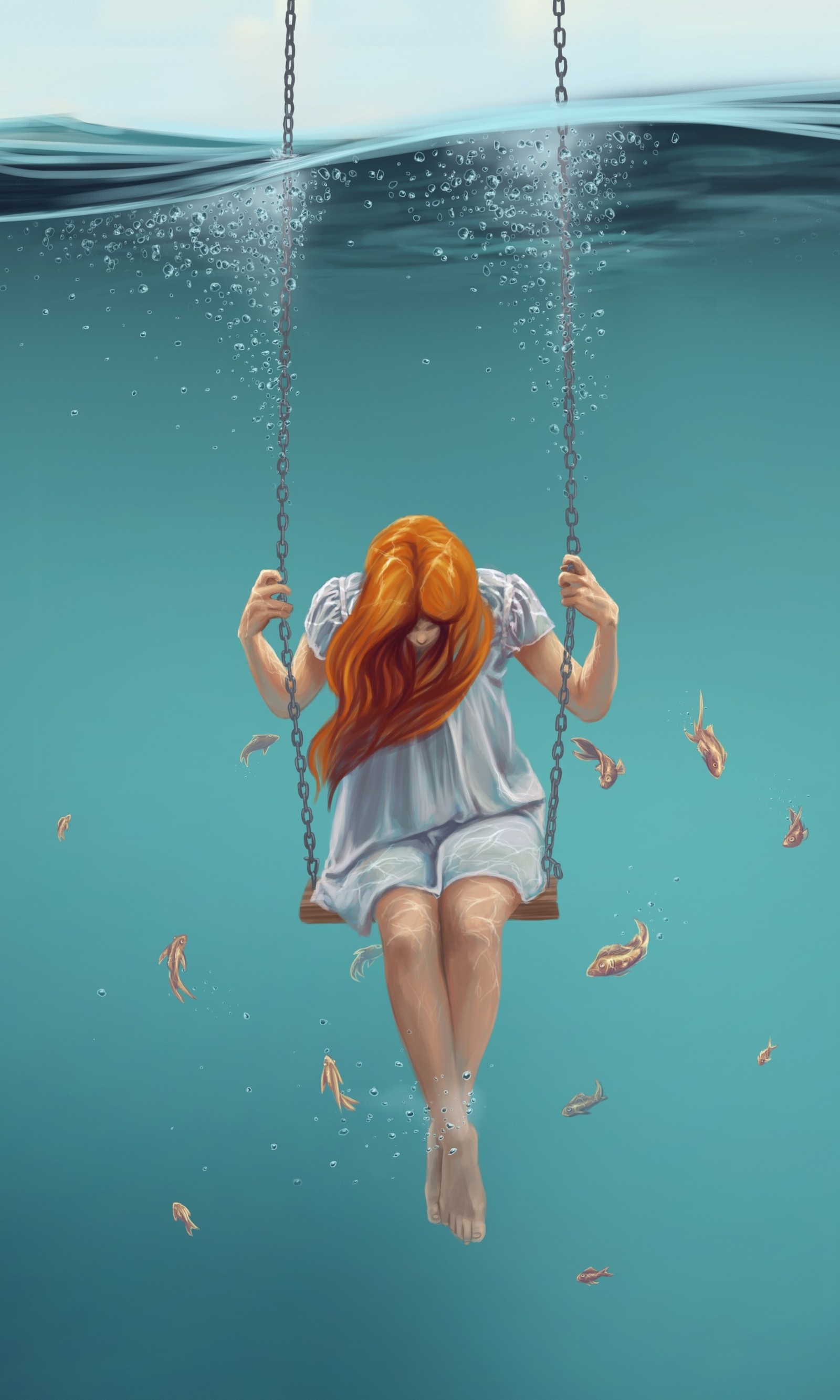 Painting of a woman on a swing in the water with fish (deep, dream, dreamy, girl, lonley)