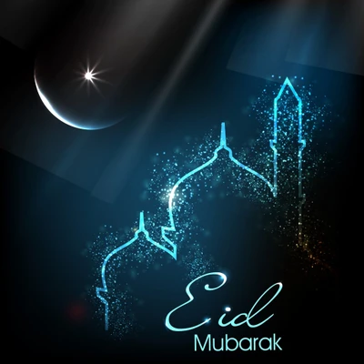 Elegantes Eid Mubarak Design mit einem Halbmond und einer Moscheesilhouette, geschmückt mit funkelnden Lichtern.