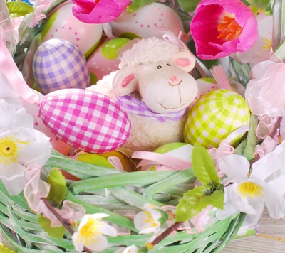 Panier de Pâques avec des œufs colorés et un mouton en peluche