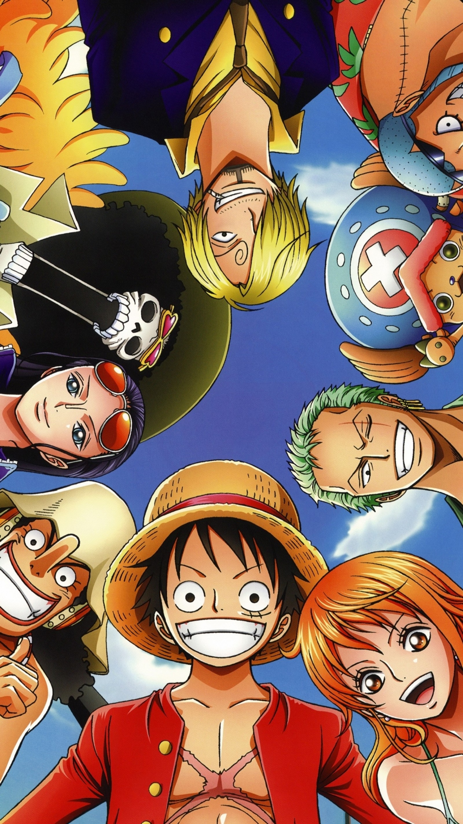 Anime characters are all grouped together in a circle (anime, luffy, nakama, nami, one piece)