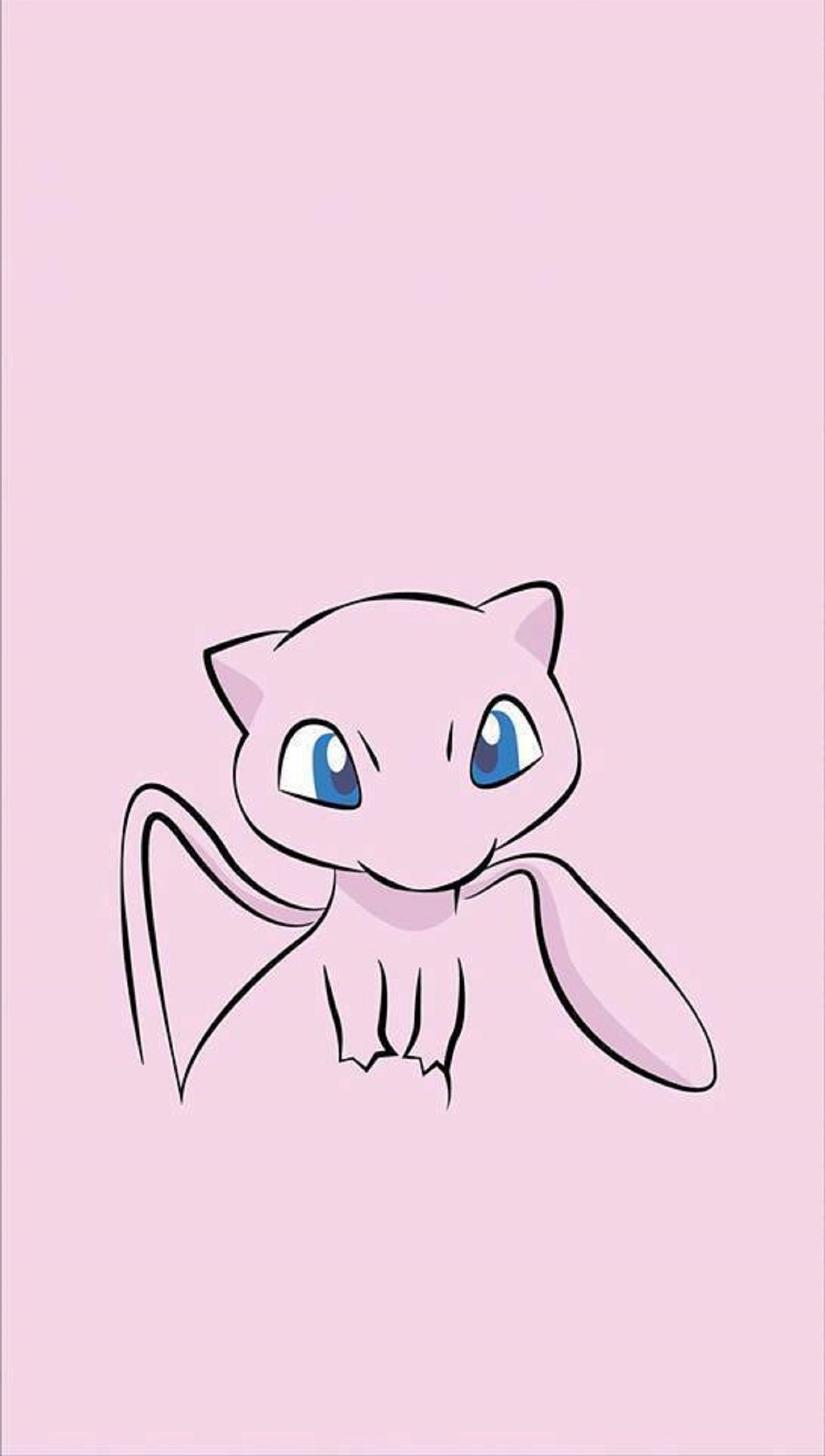 Un dibujo de un gato con ojos azules y un fondo rosa (dibujos animados, lindo, amor, mew, pokemon)