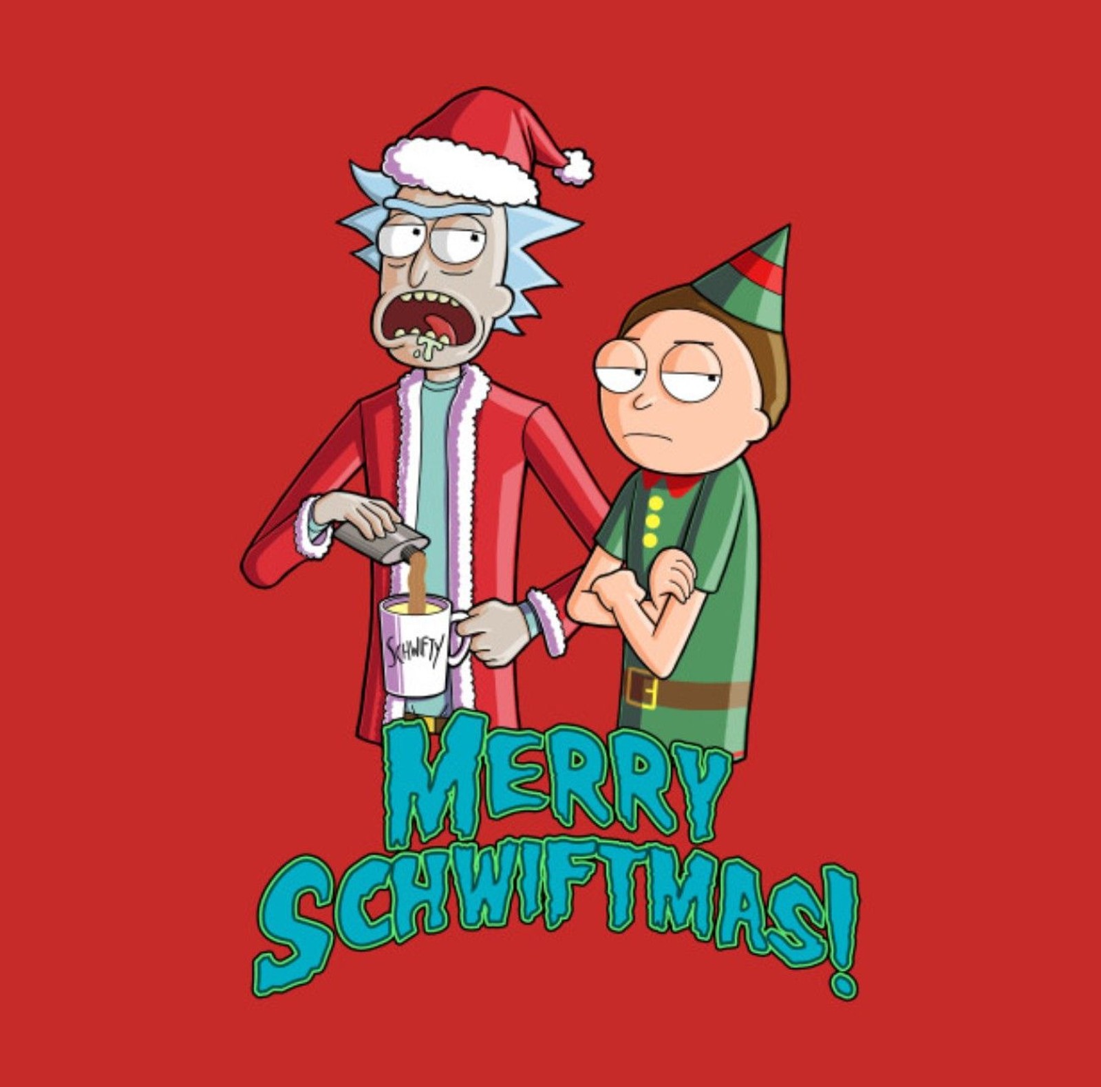 A cartoon of a man and a woman dressed as santa claus and a elf (christmas, funny, holidays, iphone, morty)