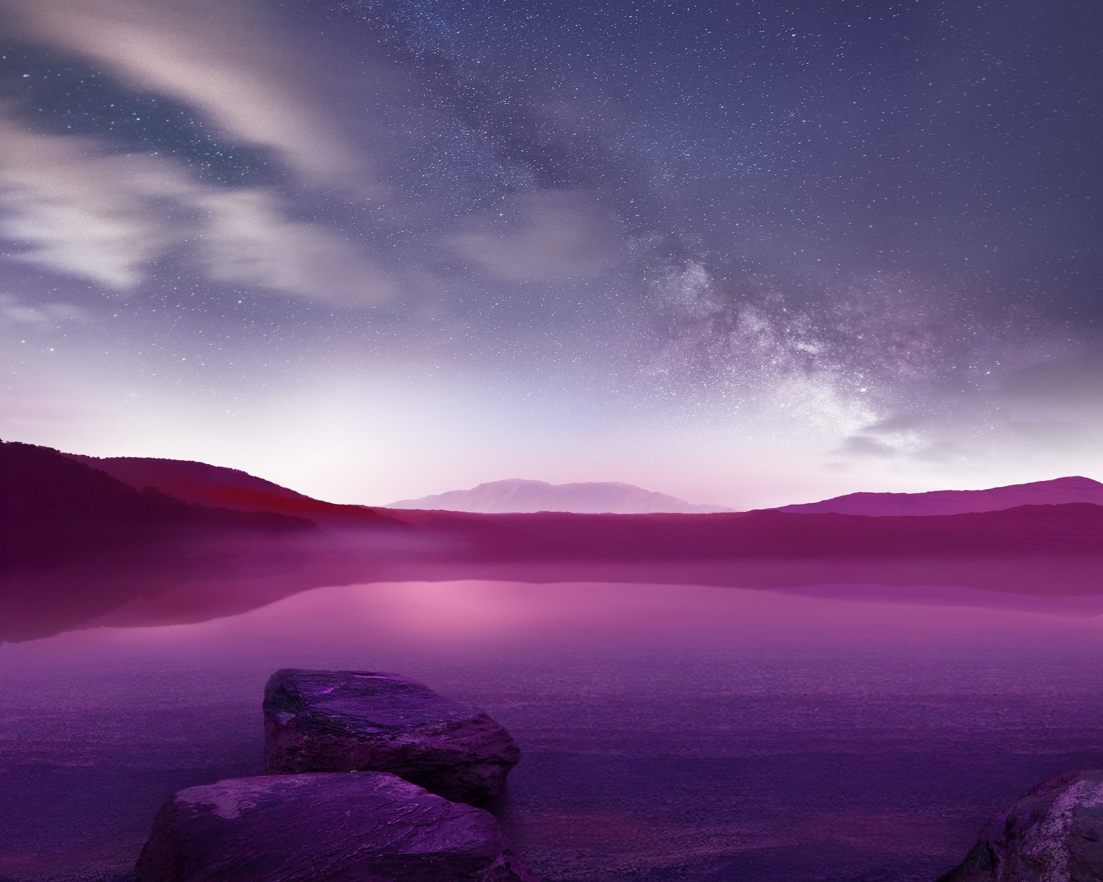 Lila himmel mit sternen und einer bergkette im hintergrund (g3, hd, see, lg, logo)