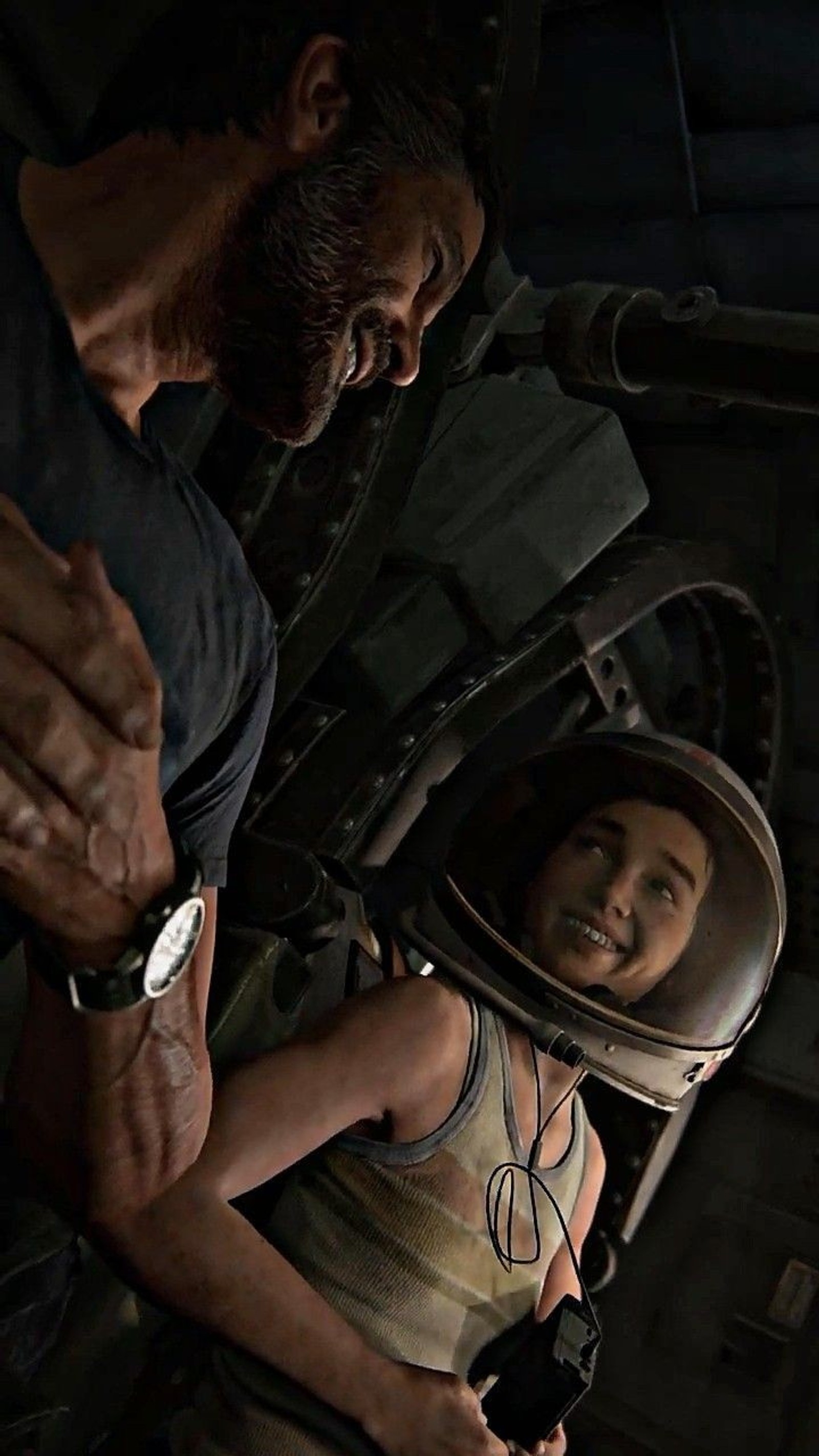 Arafed man and woman in a space suit looking at a camera (apocalipse, ellie, ellie e joel, games, joel)