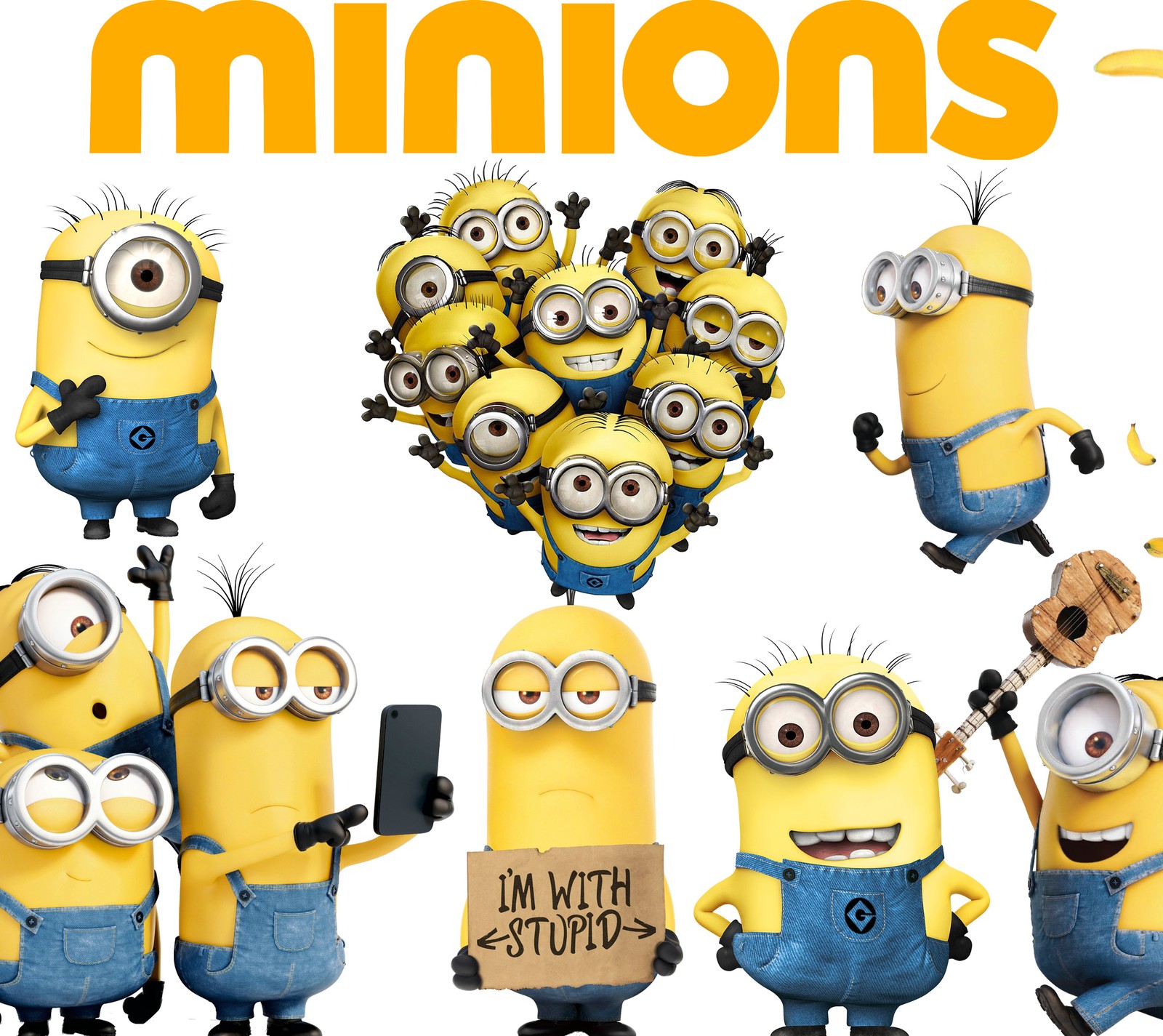 Os minions estão todos vestidos em diferentes poses e segurando placas (minions, universal, amarelo)