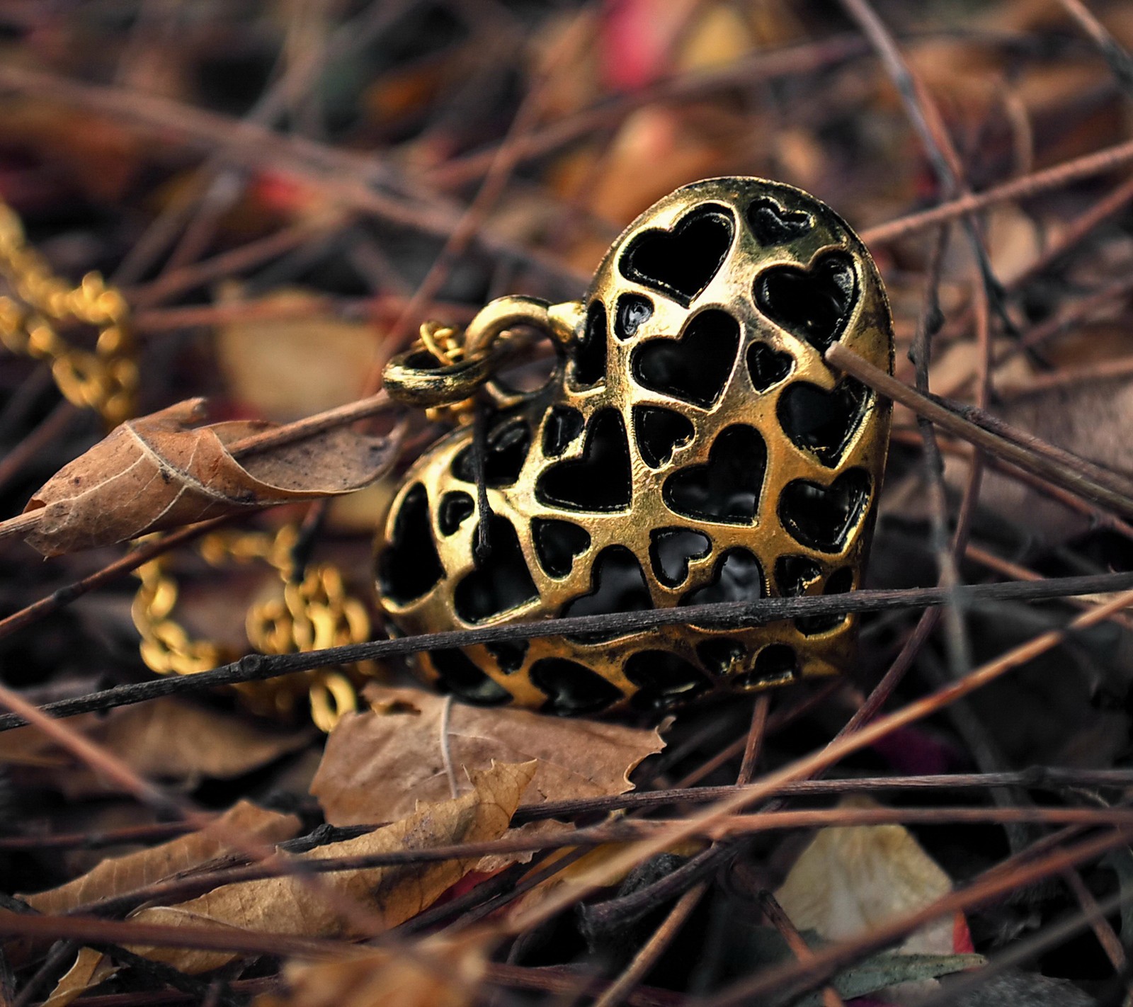 Un cadenas en forme de cœur assis sur une branche d'arbre. (doré, cœur, feuilles, amour, pendentif)