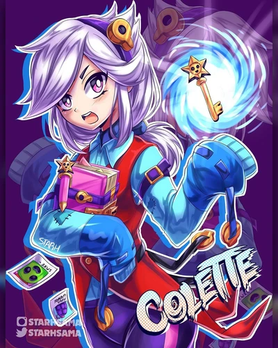 Colette de Brawl Stars, empunhando uma chave e cercada por itens coloridos, exala energia e determinação.