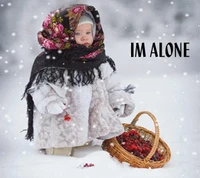 A solitary child in a winter landscape, wearing a cozy coat and colorful scarf, stands beside a basket of red berries, embodying the sentiment "I'm Alone.